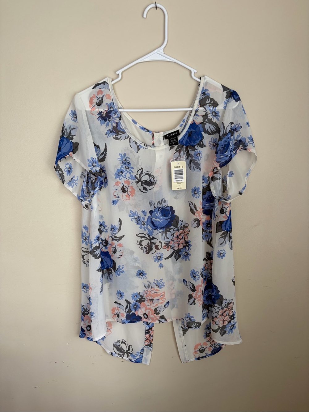 Torrid White Sheer Floral Blouse with Blue & Pink Blooms